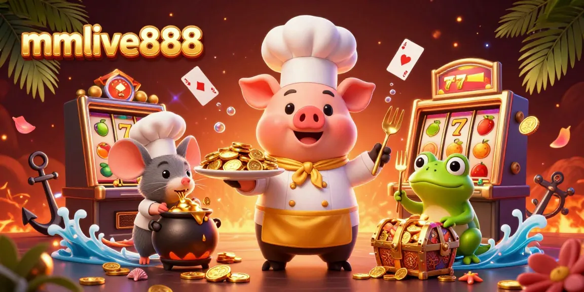 Engage with mmlive888’s lively scene as a chef pig serves gold coins amidst slots and games.