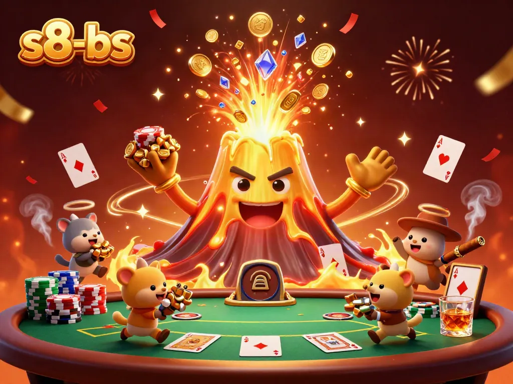 Experience the thrill of s8-bs with vibrant casino action, showcasing poker chips and a golden volcano erupting treasures.