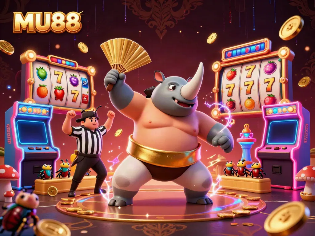 Experience thrilling gameplay with mu88 as the rhinoceros beetle champion sends coins flying in this lively casino scene.