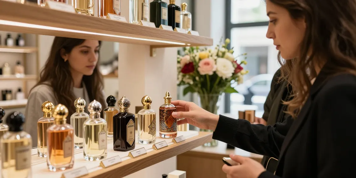 Ontdek lattafa parfum in een elegante winkelomgeving met klanten en prachtige flessen.