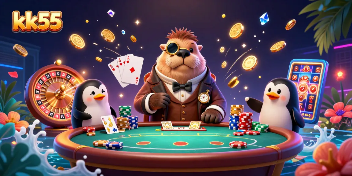 Experience thrilling gameplay at kk55 with a whimsical scene of a walrus, penguin dealer, and pufferfish at an underwater poker game.