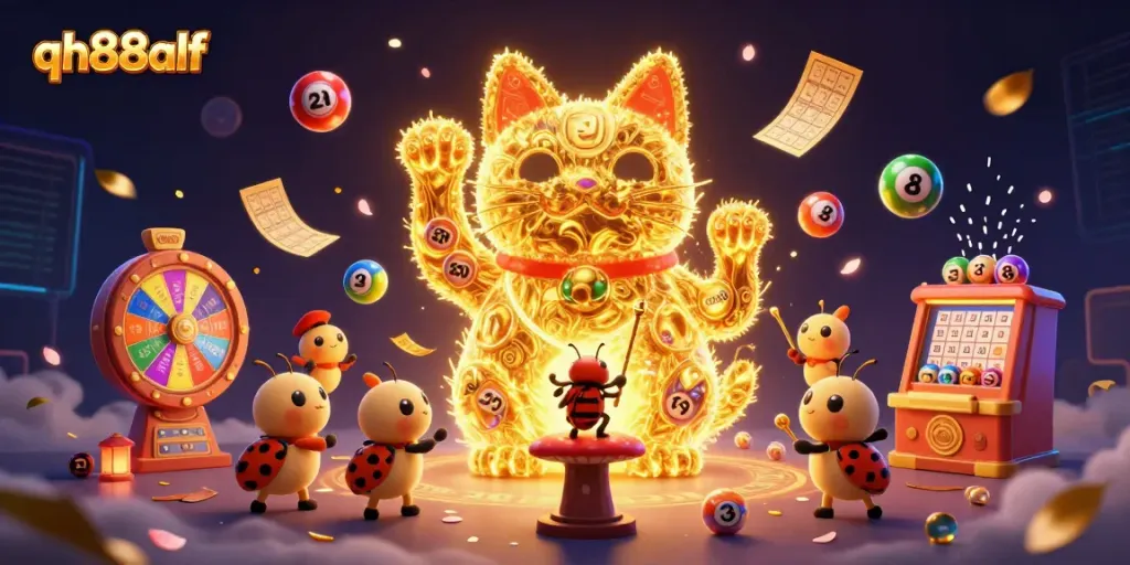 Experience the excitement at qh88alf with golden lucky cat and vibrant game elements.