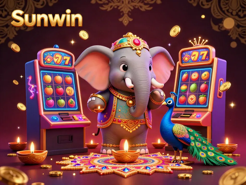 Play slots at Sunwin while enjoying a colorful casino atmosphere, featuring lively characters.