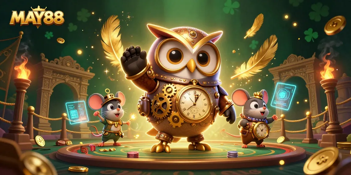 Engage with MAY88's vibrant gaming atmosphere featuring a time-traveling owl and a clockwork mouse amidst rich casino elements.