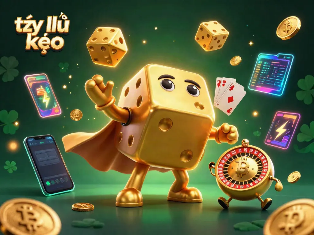 Experience exciting tỷ lệ kèo insights through a dynamic 3D cartoon scene with golden dice golem and crypto elements.