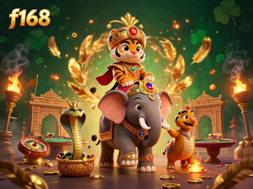 Experience the excitement of f168 in this vibrant casino scene with a maharaja, elephant, and live gaming elements.