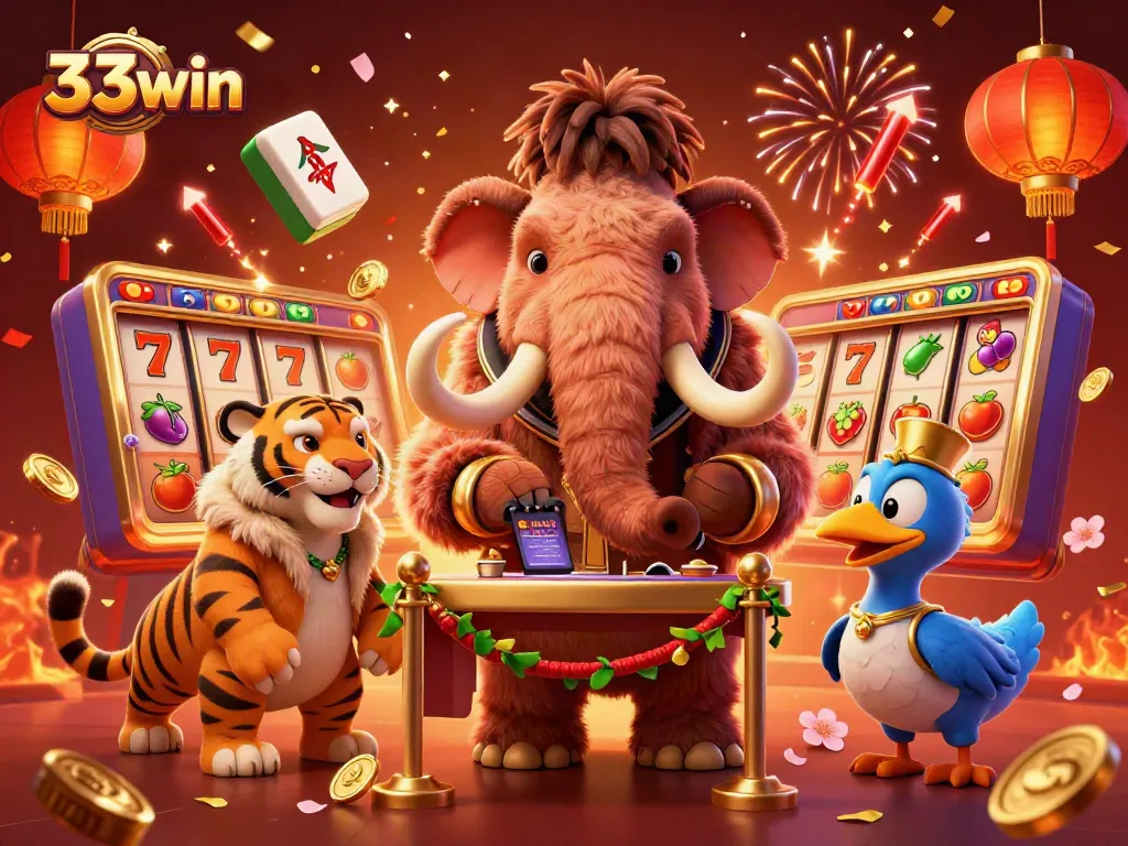 Join the excitement at 33win with a dynamic casino scene featuring rich slot games alongside captivating characters.