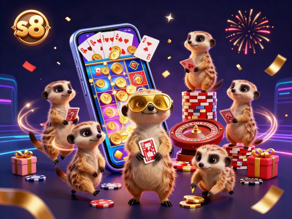 S8 captivates players with a vibrant casino scene featuring meerkats engaging in exciting gaming activities.