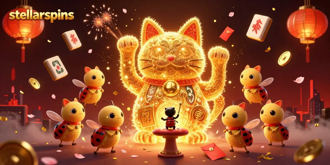 Experience stellarspins with a vibrant 3D lucky cat and dynamic casino elements.