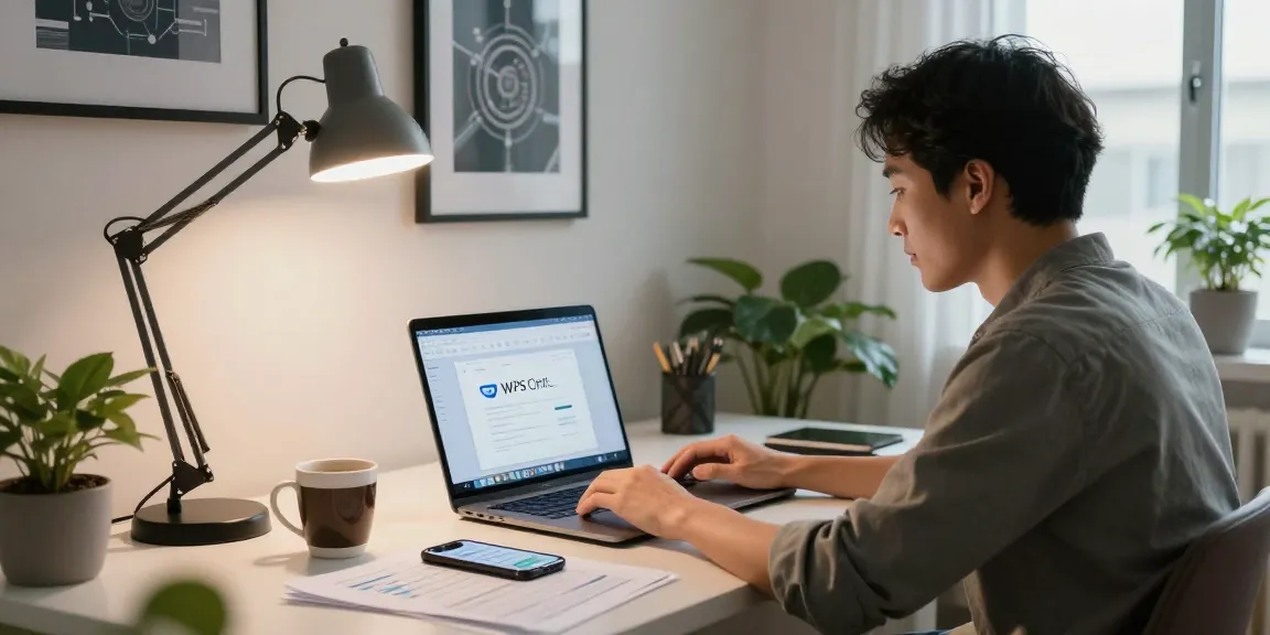 Download WPS Office in modern home office with laptop and productivity tools