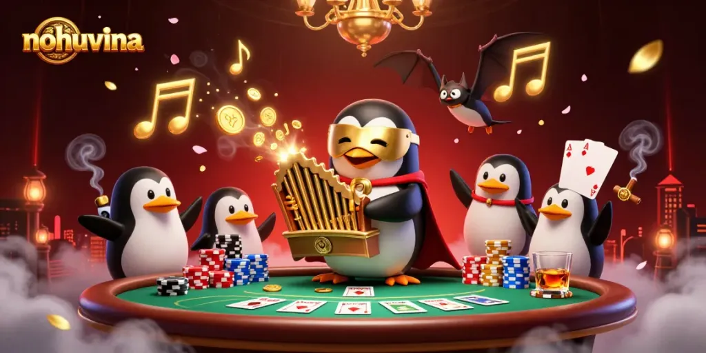 Experience exciting gaming action with nohuvina as a whimsical penguin plays an organ that spills golden coins.