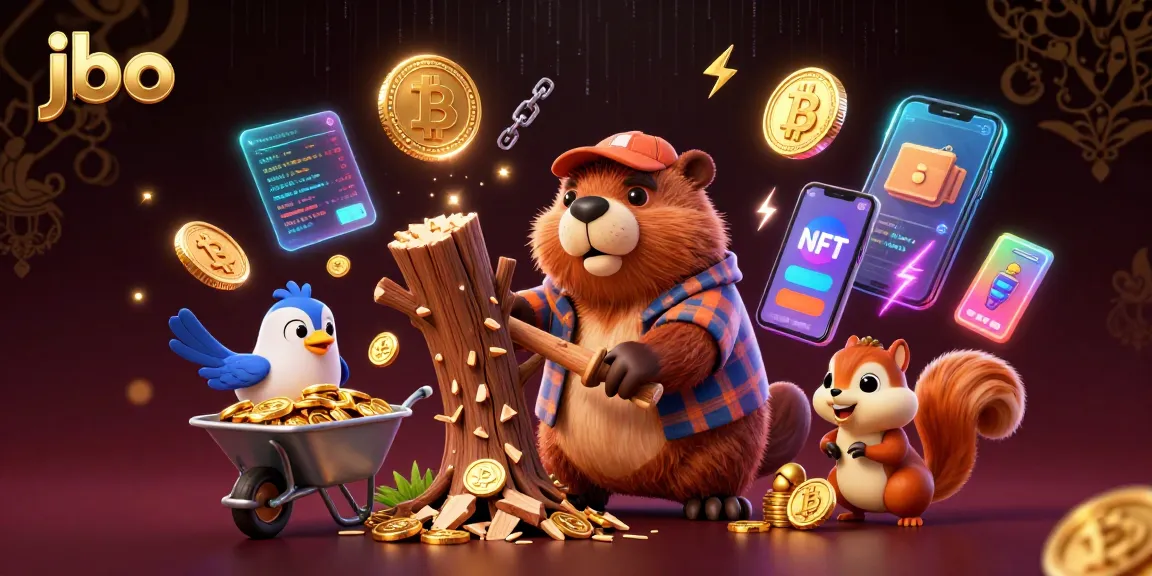 Engage with JBO's vibrant casino illustration featuring a beaver and gold coins highlighting gaming activities.