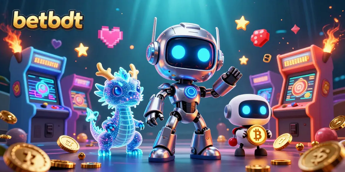 Experience thrilling gaming action at betbdt with a vibrant 3D casino scene showcasing crypto elements and arcade games.