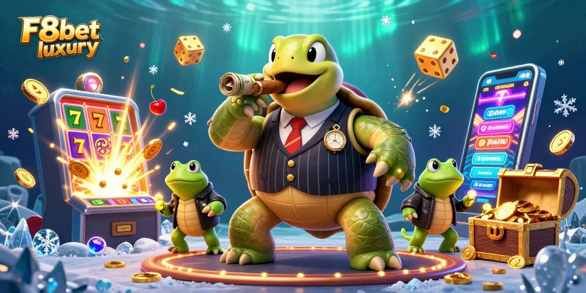 Experience F8bet luxury with a vibrant casino scene featuring characters interacting amid slot machine riches and lights.