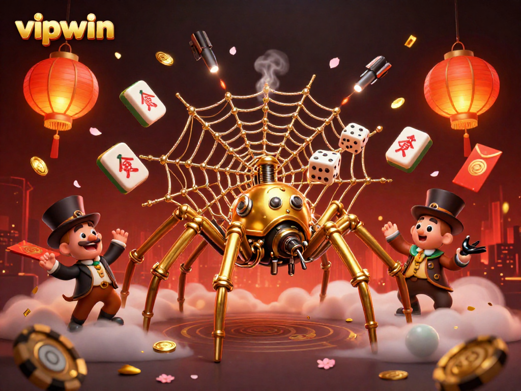 Engage in thrilling gameplay at vipwin with an enchanting steampunk scene featuring a golden spider web, poker elements, and vibrant casino decorations.