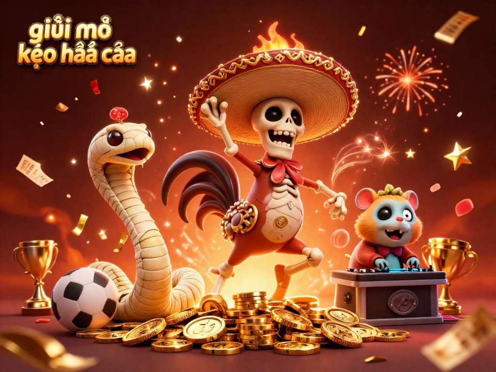 Engaging illustration showcasing a festive scene with characters dancing for giải mã kèo nhà cái, featuring sports betting elements.