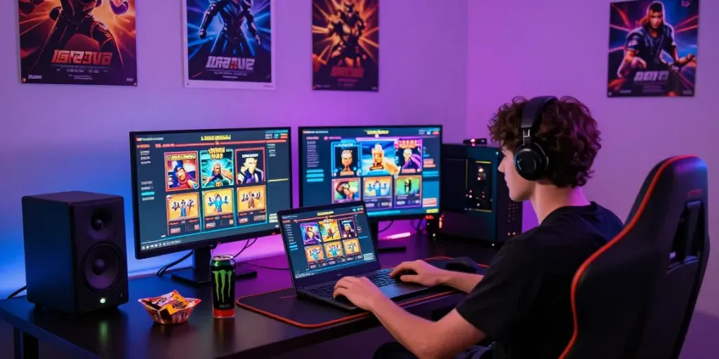 Pengalaman bermain kangtoto di ruang gaming modern dengan pencahayaan berwarna-warni dan alat permainan canggih.