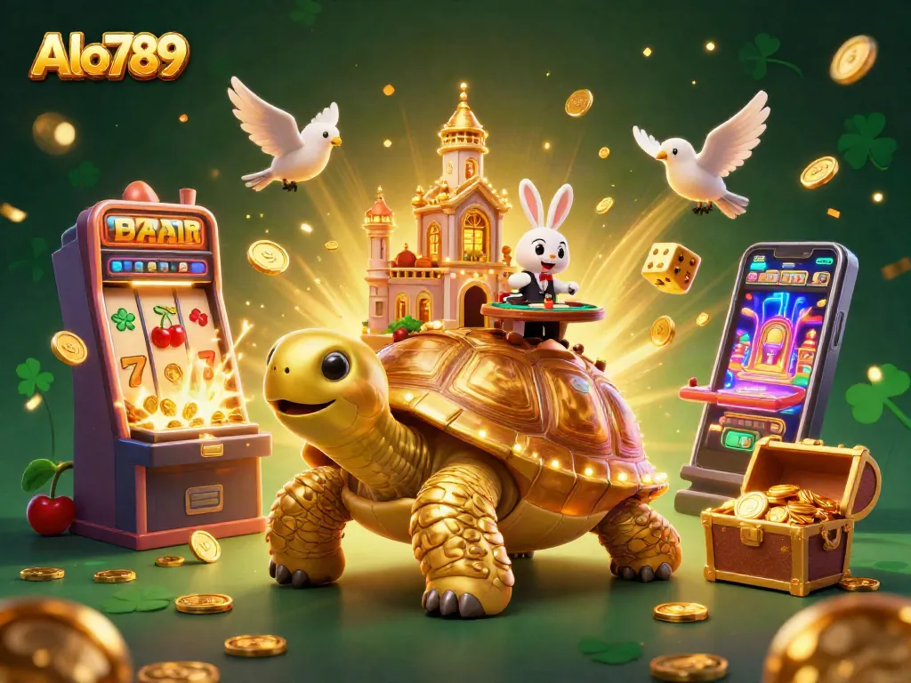 Experience Alo789's vibrant world as golden tortoise and rabbit dealer bring luck and excitement in this casino scene.