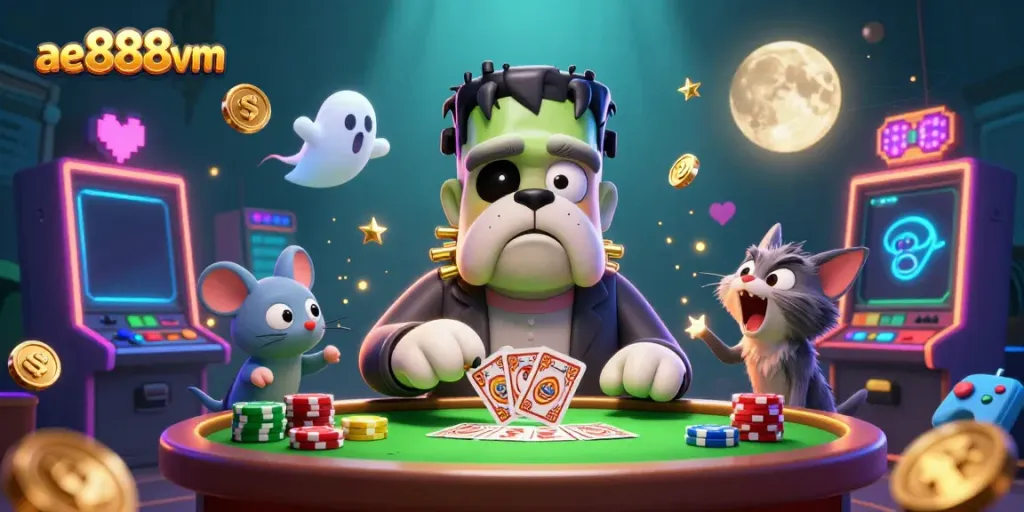 Engage in thrilling card games at ae888vm with a spooky atmosphere and vibrant casino elements.