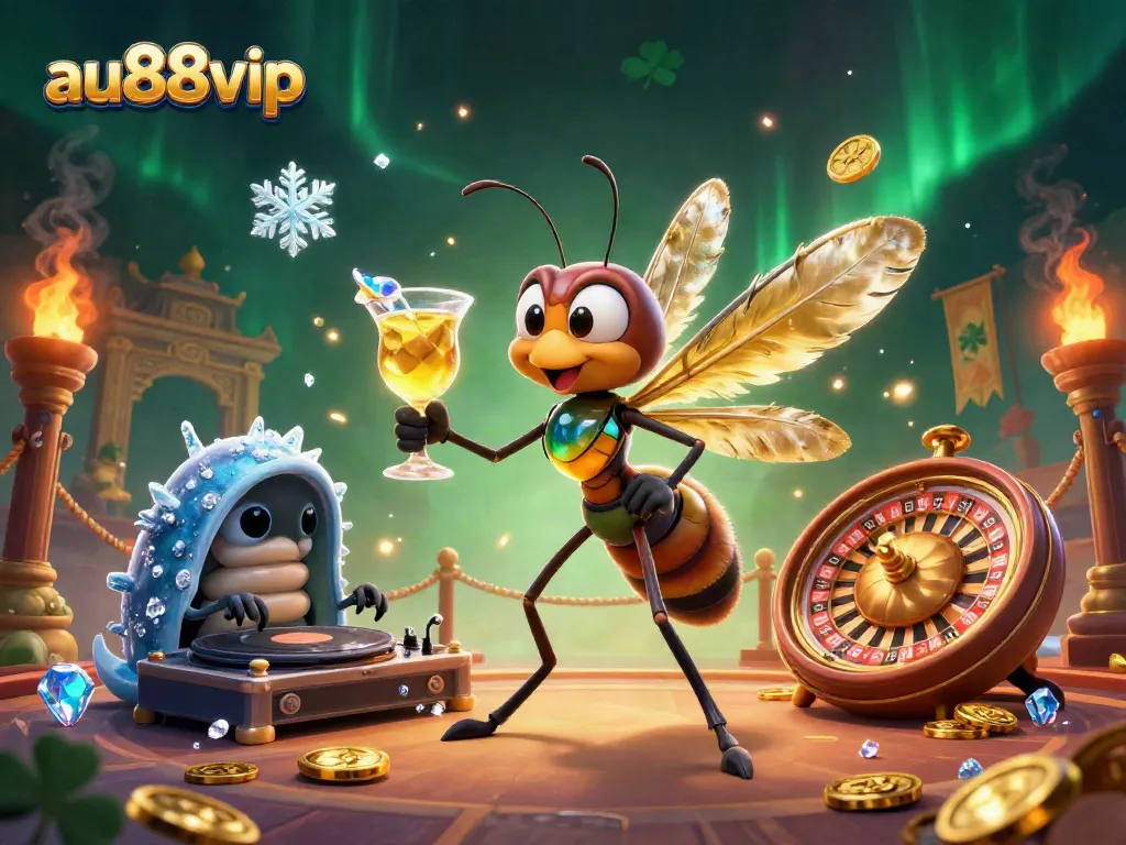 Engage with au88vip's vibrant casino world featuring a unique frozen mosquito mascot and other exciting elements.
