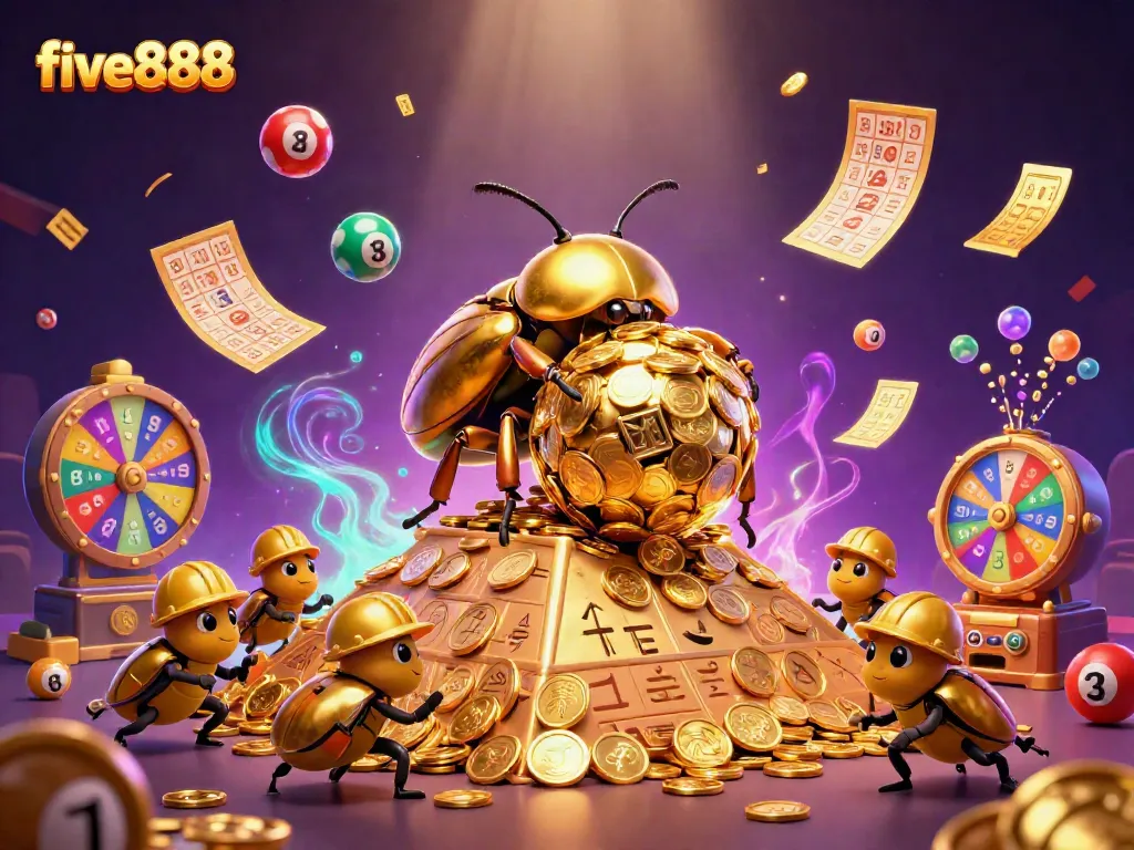 Engage with five888's vibrant casino world, showcasing a beetle rolling golden coins amid dynamic lottery elements.