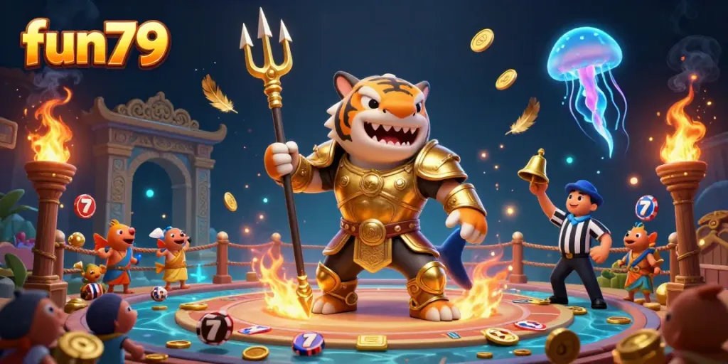 Experience thrilling fun79 slots with a dynamic underwater casino scene showcasing a fierce tiger shark and vibrant game elements.
