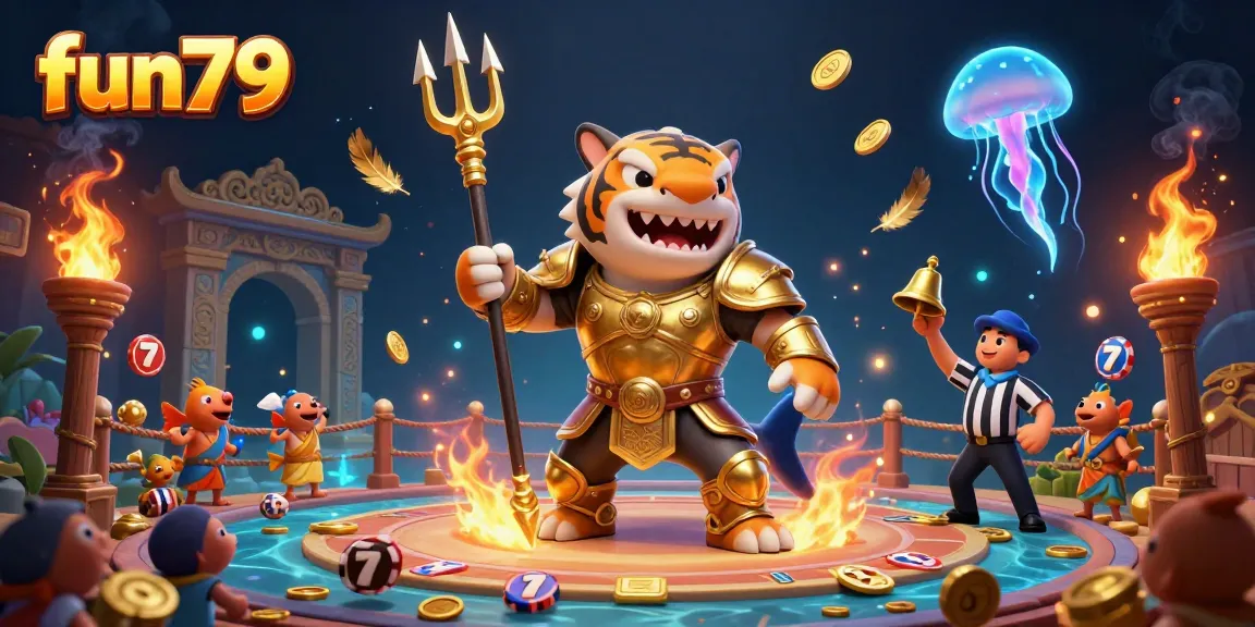 Experience thrilling fun79 slots with a dynamic underwater casino scene showcasing a fierce tiger shark and vibrant game elements.