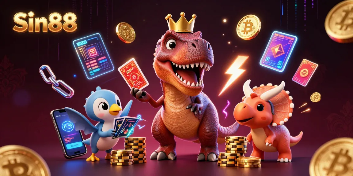 Experience the excitement of Sin88 with a T-Rex, Pterodactyl, and Triceratops engaged in a lively casino scene.