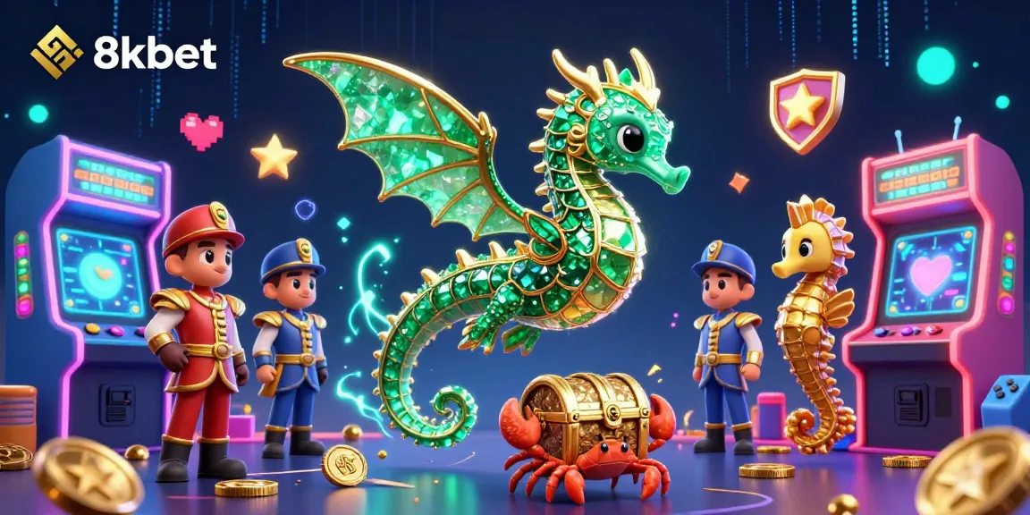 Experience thrilling gameplay at 8kbet with vibrant 3D illustrations of fantastical characters, arcade machines, and treasures.