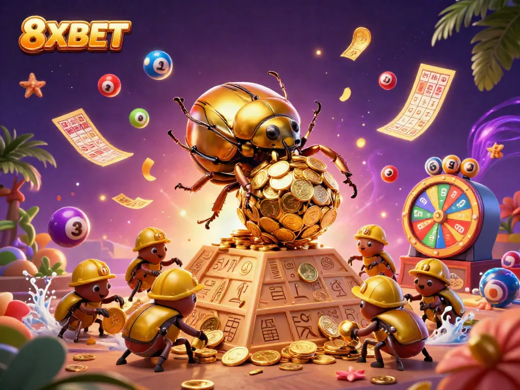 Engage with 8XBET's vibrant gaming experience featuring lottery and casino elements in a dynamic illustration.