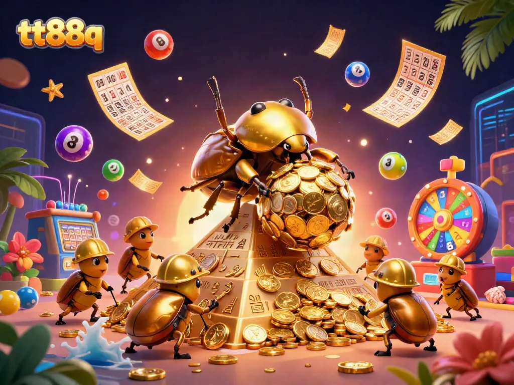 Experience the thrilling excitement of tt88q with a golden beetle rolling coins surrounded by vibrant lottery elements.