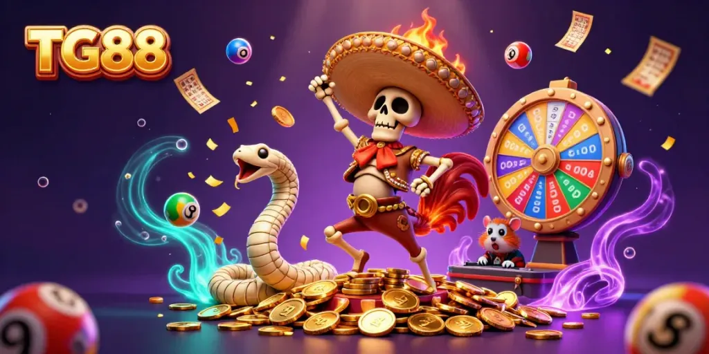 Experience thrilling wins at TG88 with characters celebrating, surrounded by vibrant casino elements.