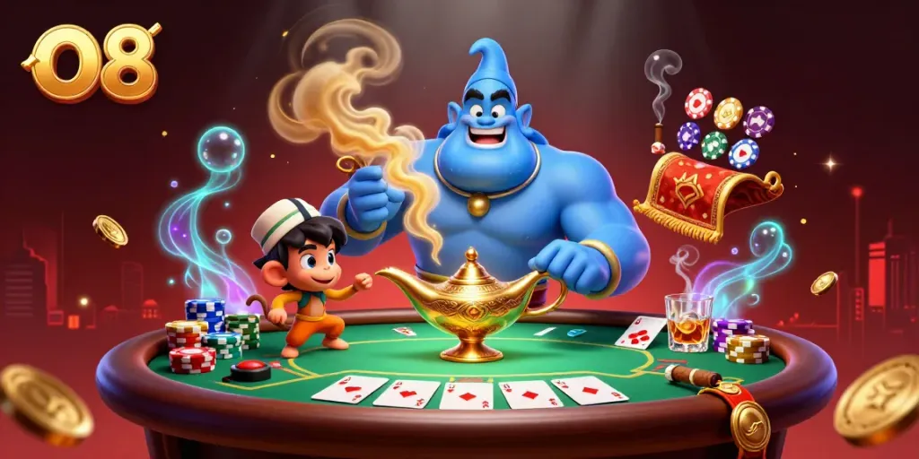O8 showcases a vibrant scene with a muscular genie, poker chips, and a magic carpet in an engaging casino setting.
