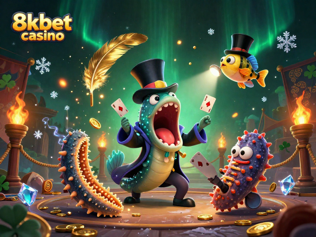 Engage with the magical world of 8kbet casino featuring dynamic 3D characters performing tricks in a vibrant setting.