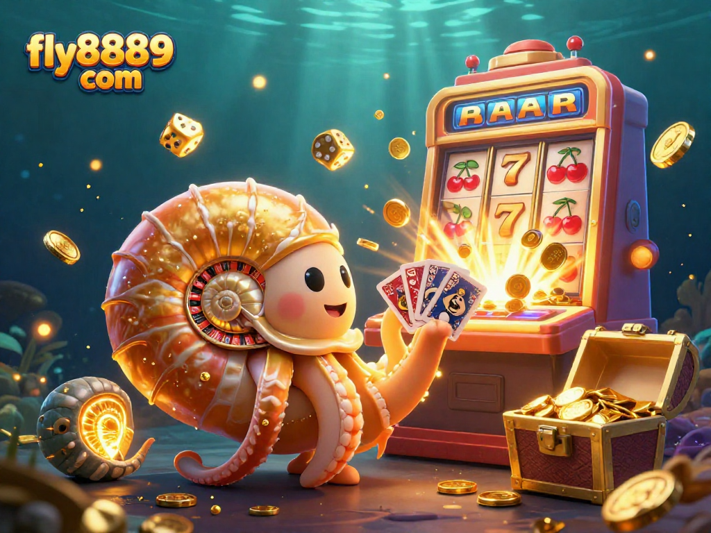 Engage with the immersive fly8889 com 3D casino illustration showcasing a giant nautilus roulette wheel surrounded by dazzling jackpots and slot symbols.