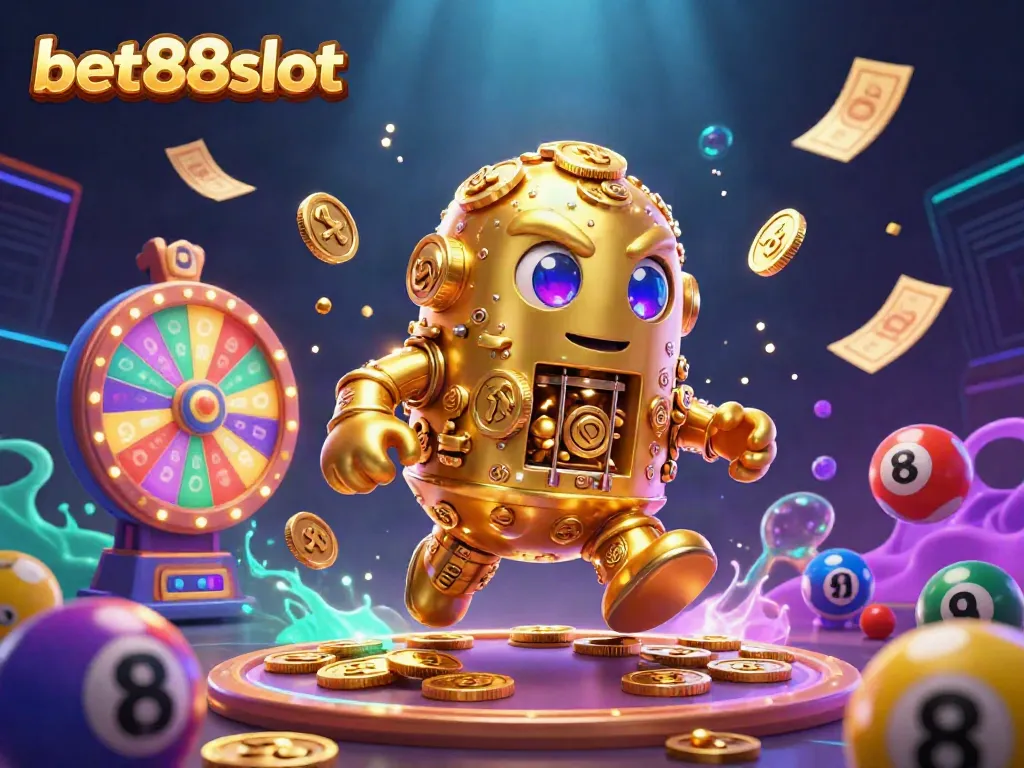 Engage with bet88slot's vibrant casino world featuring a golden golem and dynamic lottery elements.