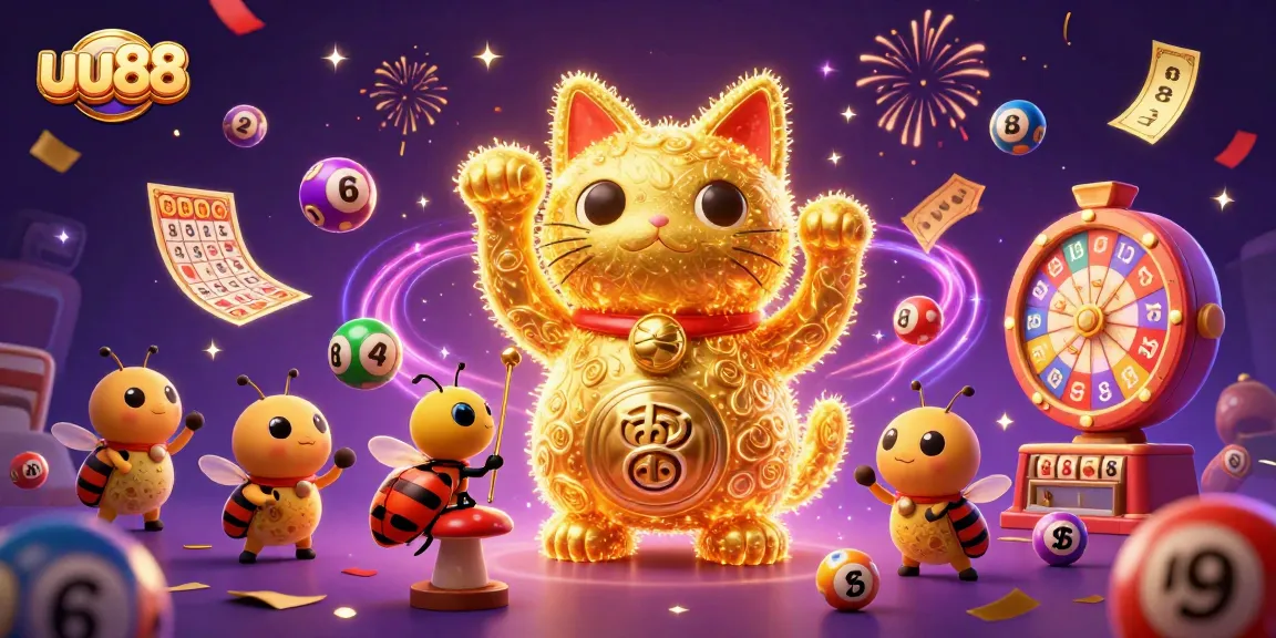 uu88 captures the excitement of gaming with a golden cat, vibrant prizes, and celebration elements.