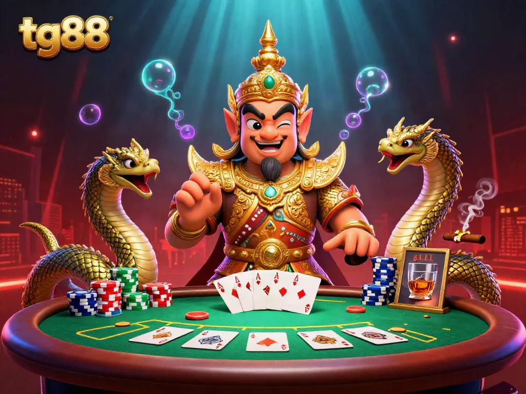 Experience thrilling casino action with tg88’s vibrant poker scene featuring a Thai guardian and colorful poker elements.