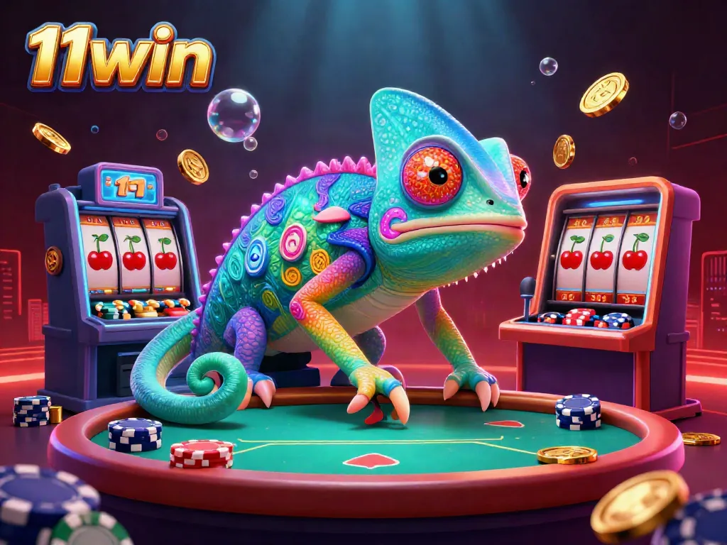 Engage with the colorful world of 11win, featuring vibrant chameleon casino elements and dynamic jackpot symbols.
