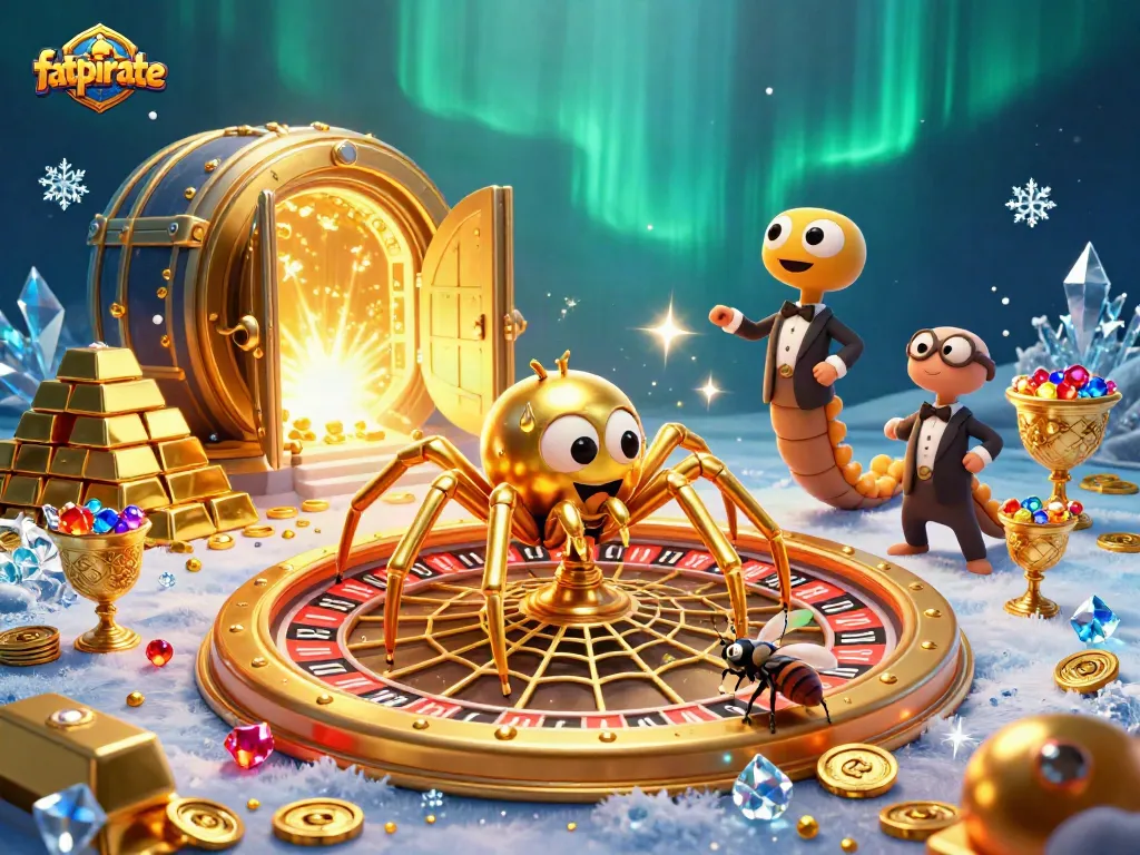 Experience excitement with fatpirate's 3D casino scene featuring vibrant characters and gold-themed elements.
