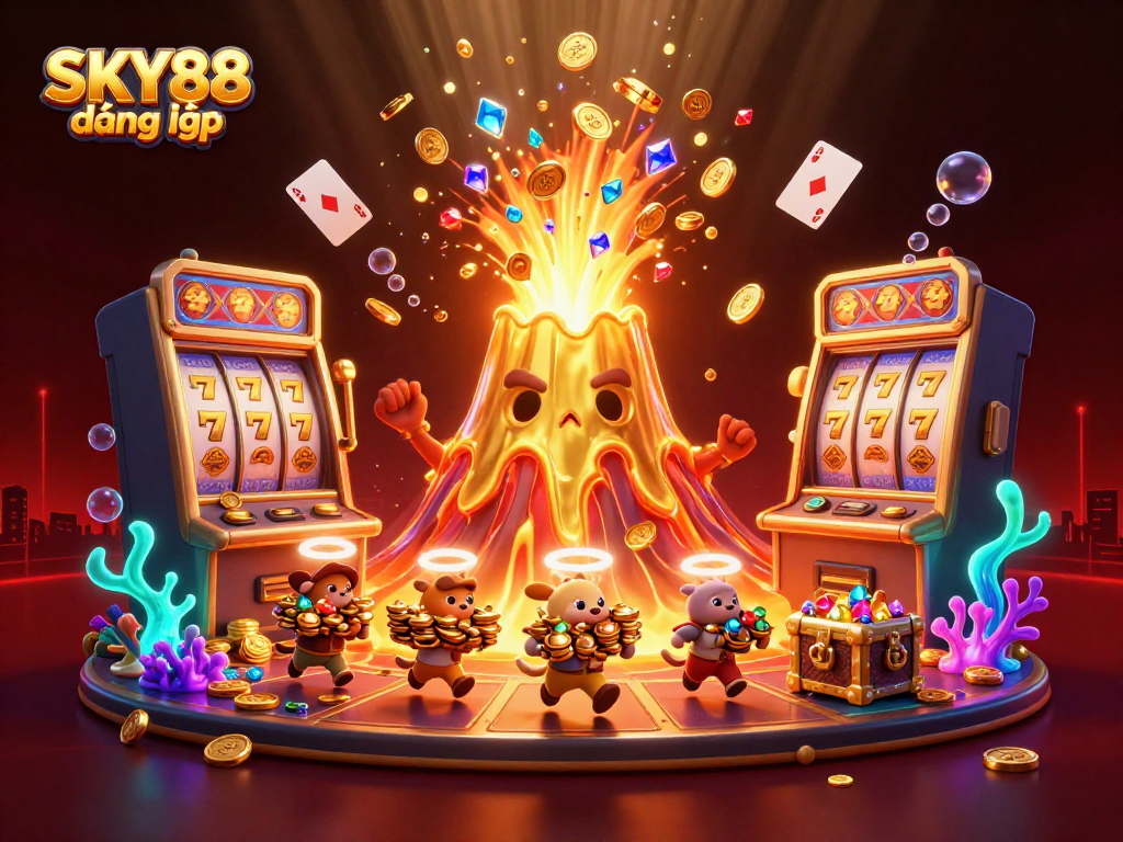 Engage with thrilling SKY88 đăng nhập experience, as golden volcano erupts with treasures amid a vibrant casino scene.