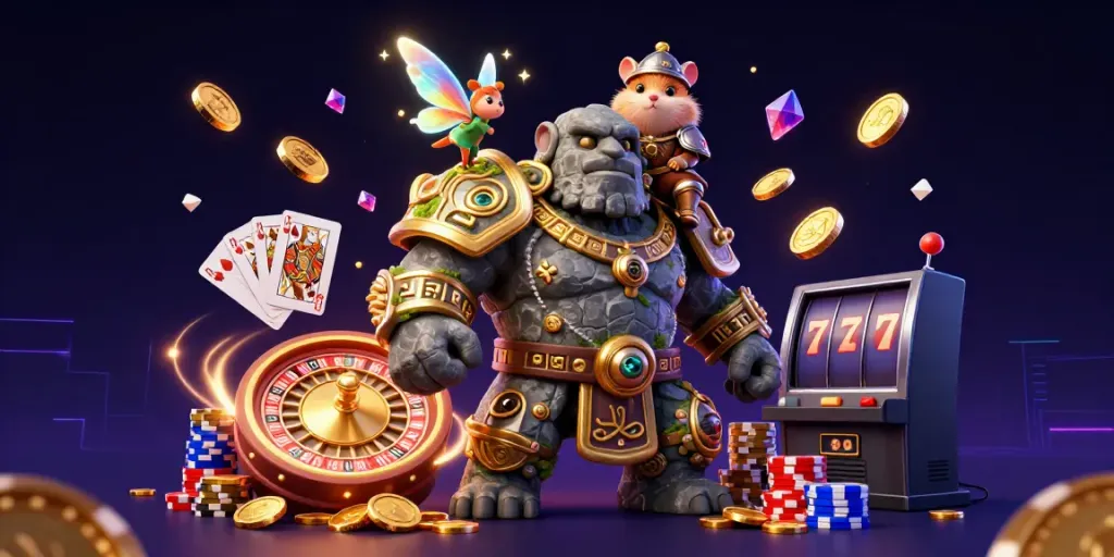 E39 players enjoy thrilling casino games amidst sparkling gems and golden coins.