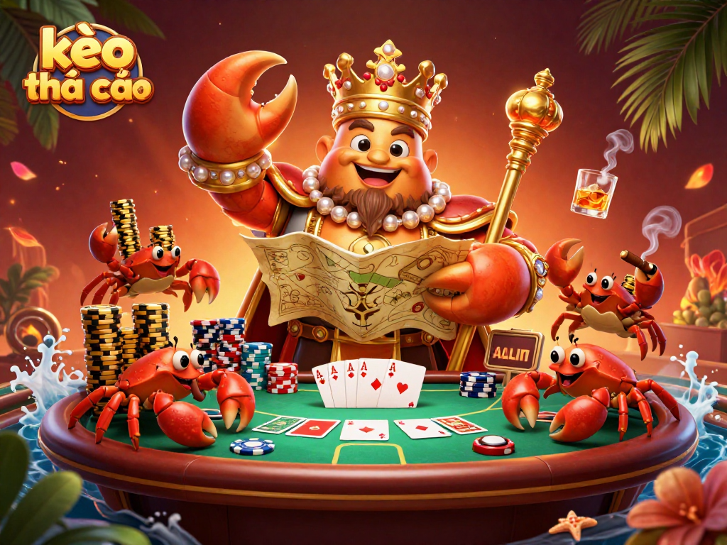 Experience the excitement of kèo nhà cái with a brilliant golden crab emperor overseeing a poker game.