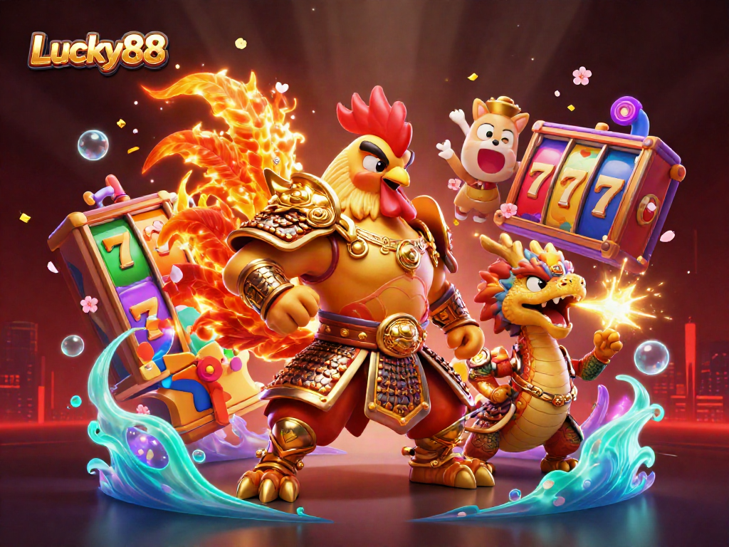 Experience Lucky88 with vibrant slot reels and dynamic characters in a captivating casino atmosphere.