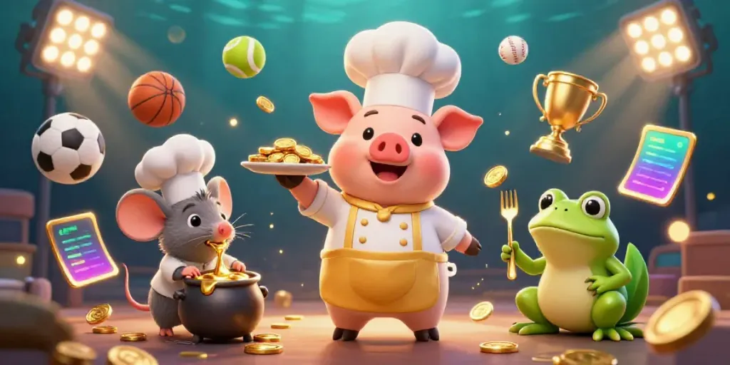 Bongdalu showcases a vibrant scene with a chef pig serving gold coins, set in a dynamic sports betting atmosphere.