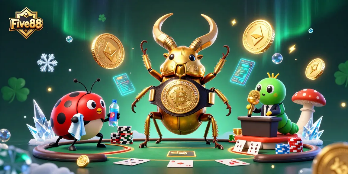 Experience the excitement of Five88 with a dynamic, colorful casino scene featuring poker elements and vibrant characters.
