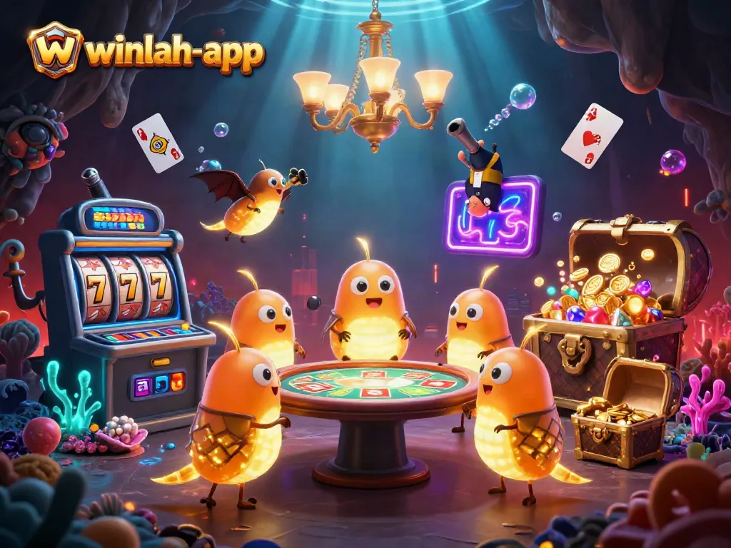 Winlah-app showcases dynamic casino action with bioluminescent glowworms lighting up a vibrant scene.