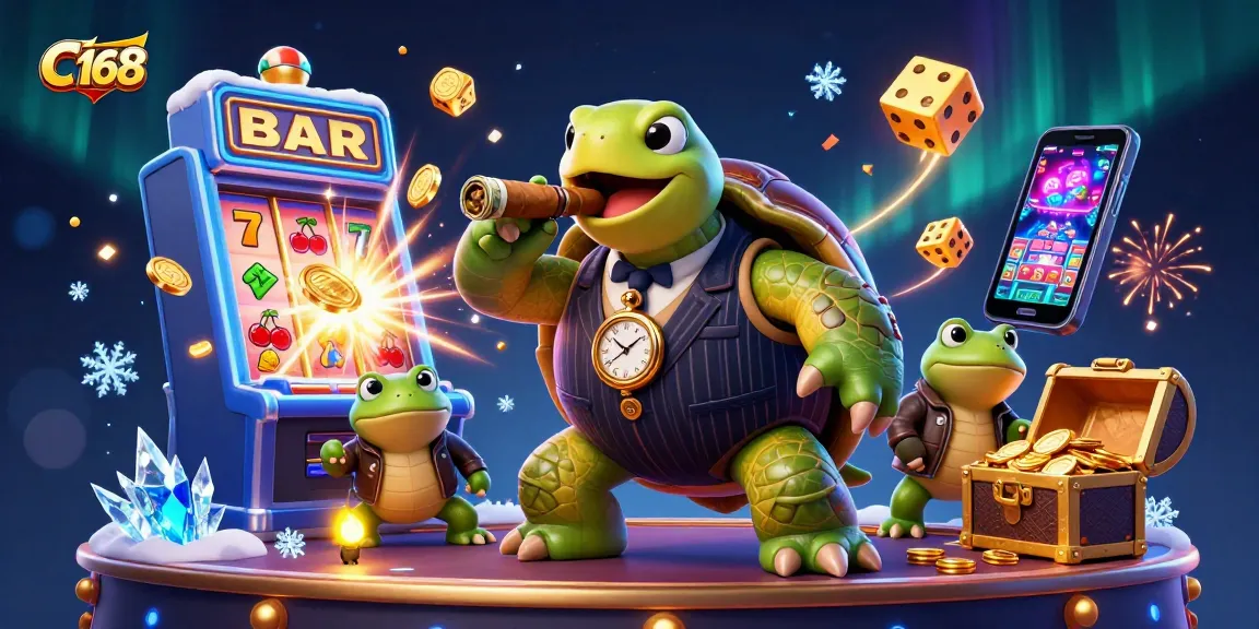 C 168 gaming scene with turtle mobster and bullfrog enforcers celebrating jackpots and winning moments.