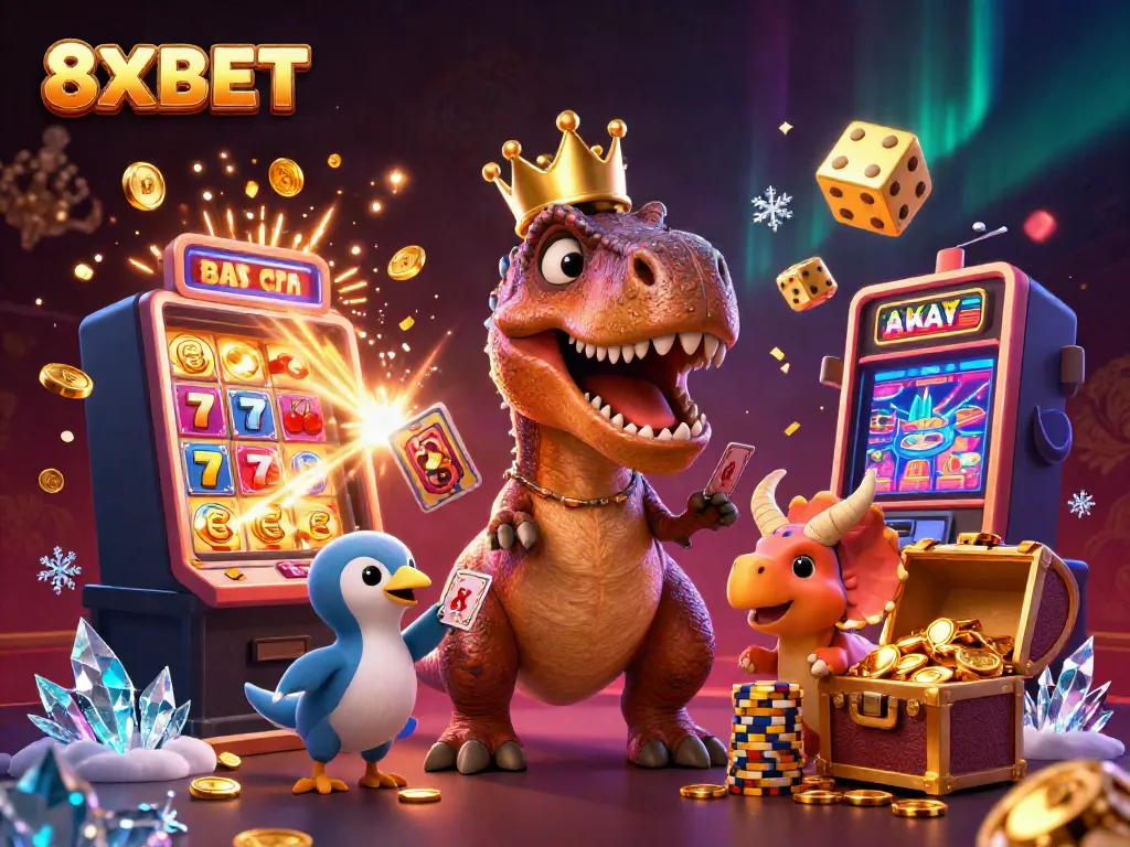 Engage with 8XBET's vibrant casino world featuring playful dinosaur characters in a jackpot scene