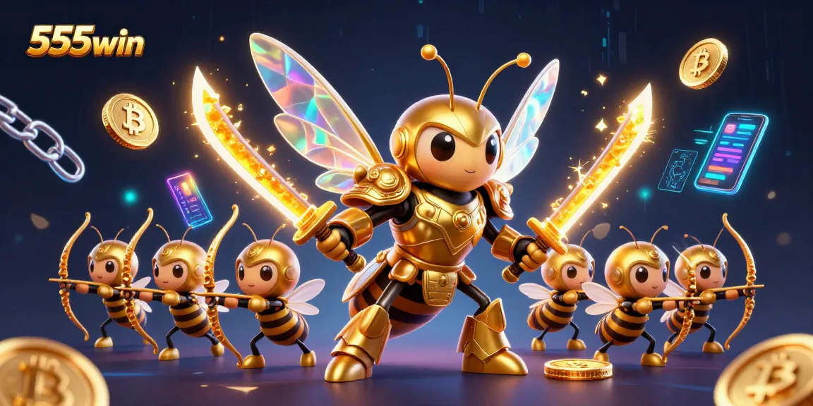 Experience the excitement of 555win with vibrant 3D characters and dynamic crypto-themed elements.